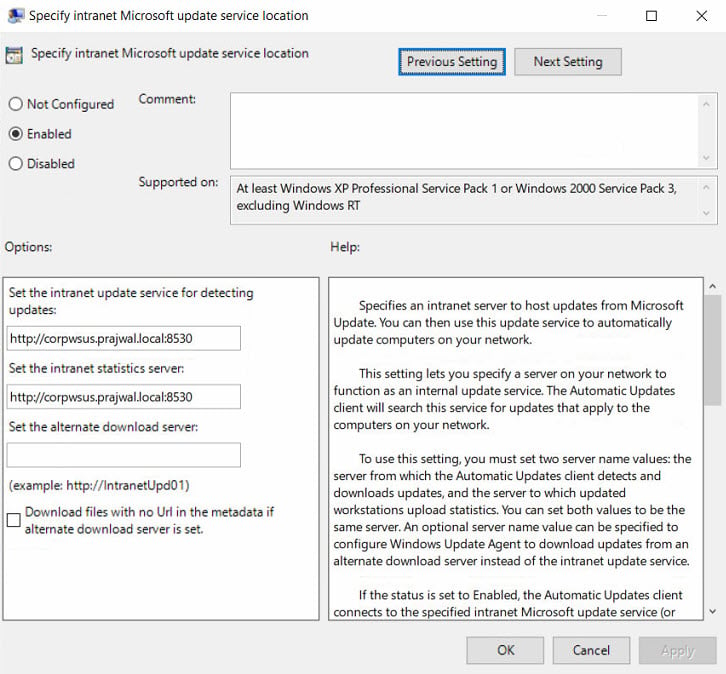 Specify intranet Microsoft Update service location