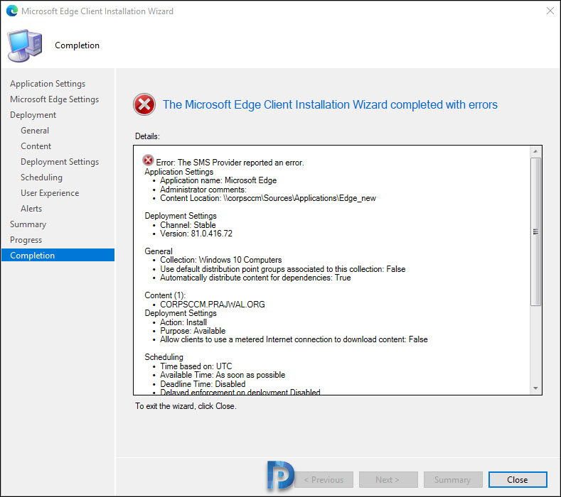 Microsoft Edge Application creation fails in SCCM Snap3