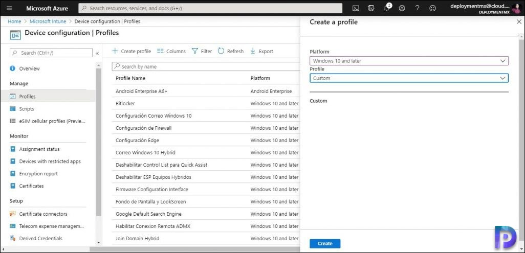 Create new custom profile in Microsoft Intune