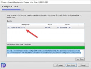 Fix SCCM SQL Server Security Mode Warning Prerequisite