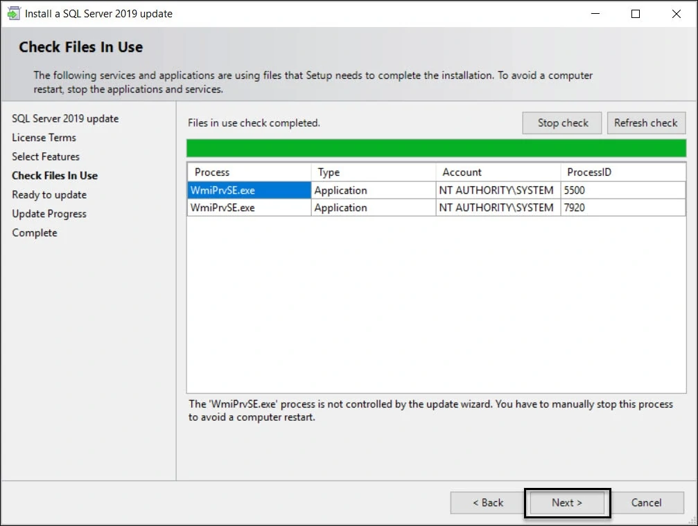 WmiPrvSE process blocking SQL Server update