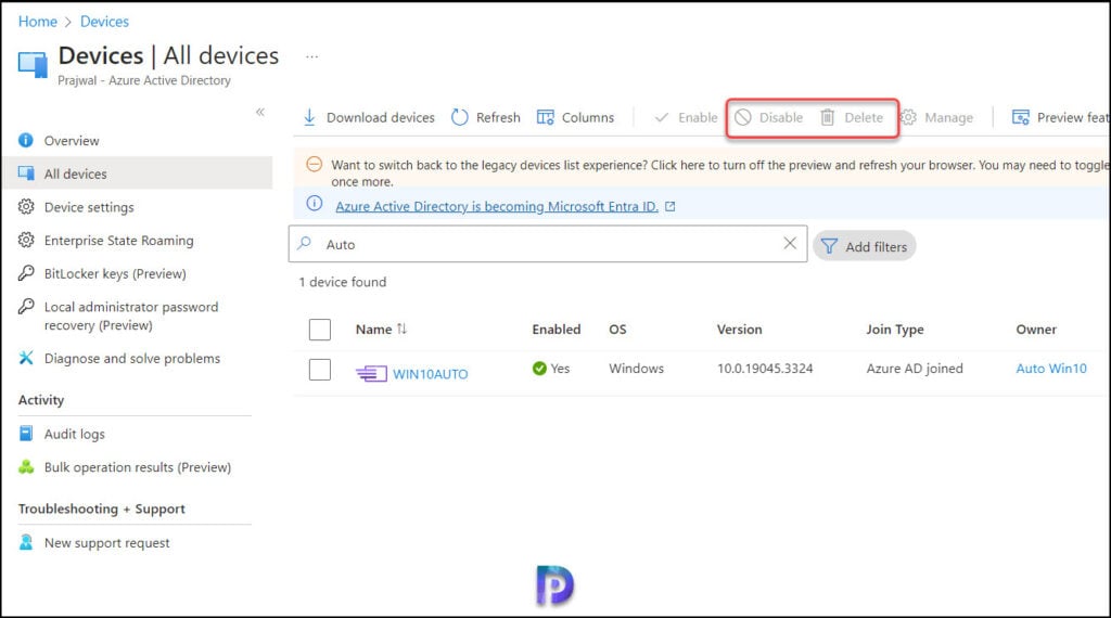 Delete Option Greyed out for Windows Autopilot Devices in Azure AD