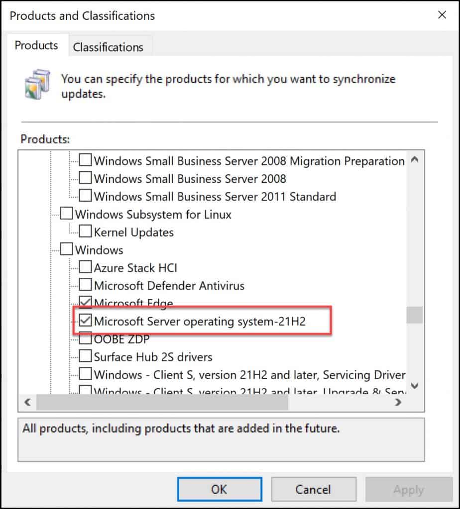Enable Updates for Server 2022 in WSUS