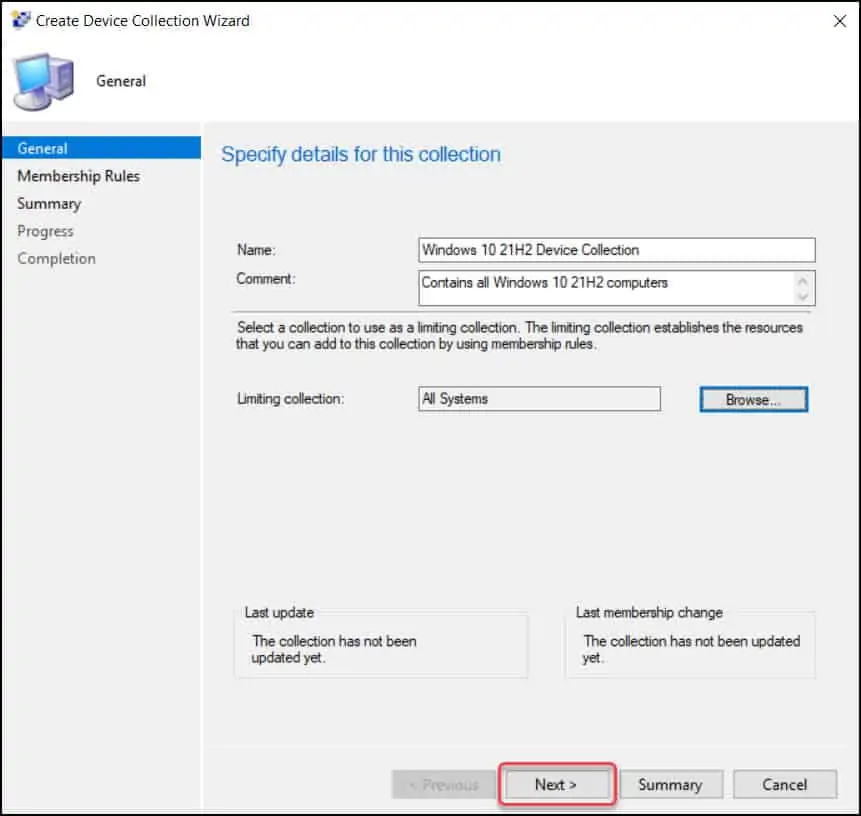 Create Windows 10 21H2 Collection in SCCM