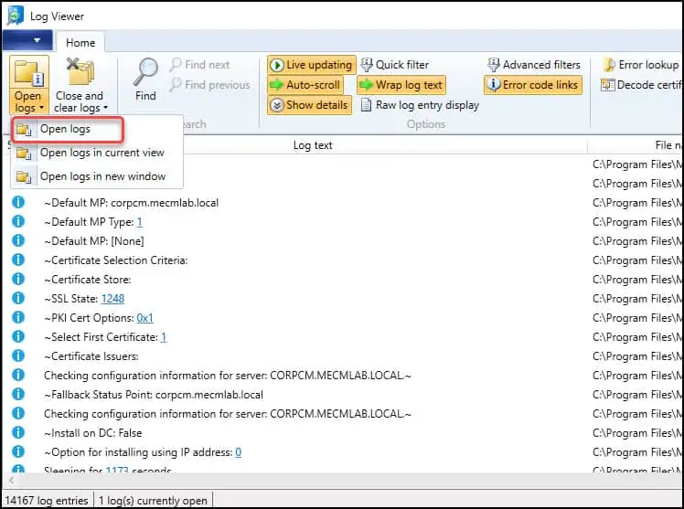Open Log Files in Support Center Log File Viewer
