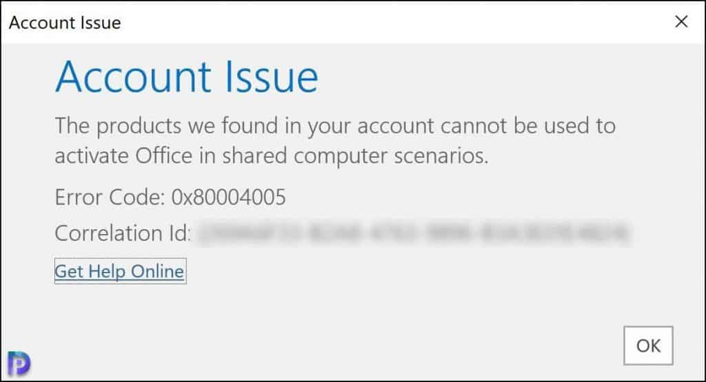 Microsoft 365 Account Issue Error Code 0x80004005
