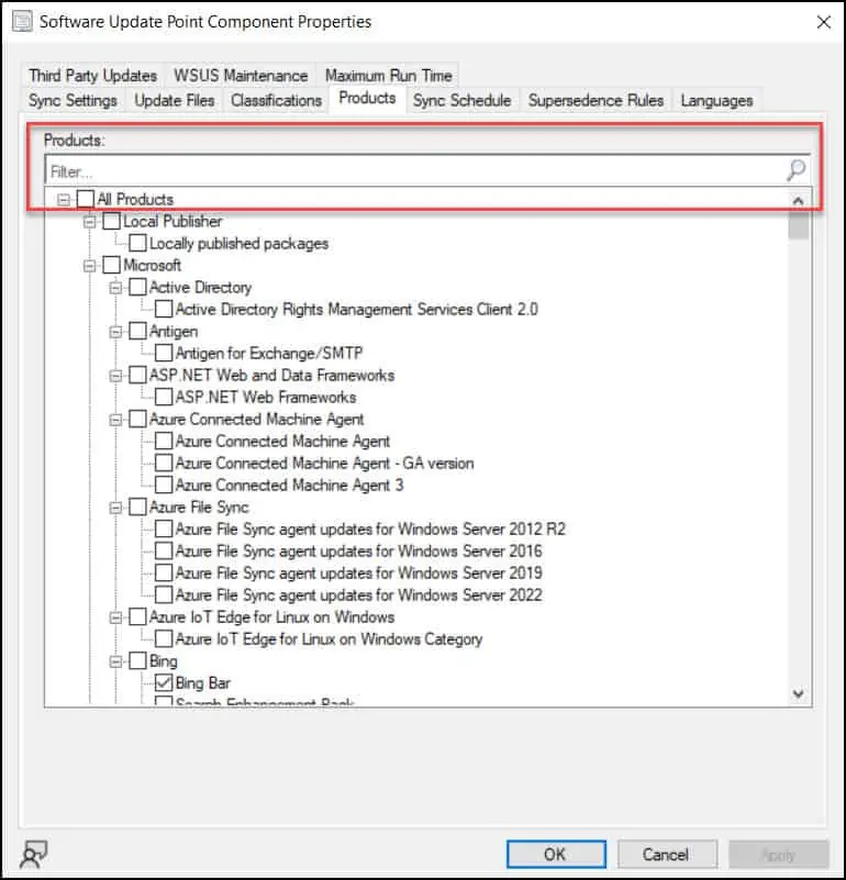 ConfigMgr Software Update Point Filter Products