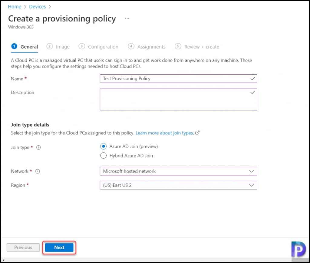 Windows 365 Provisioning Policy Details