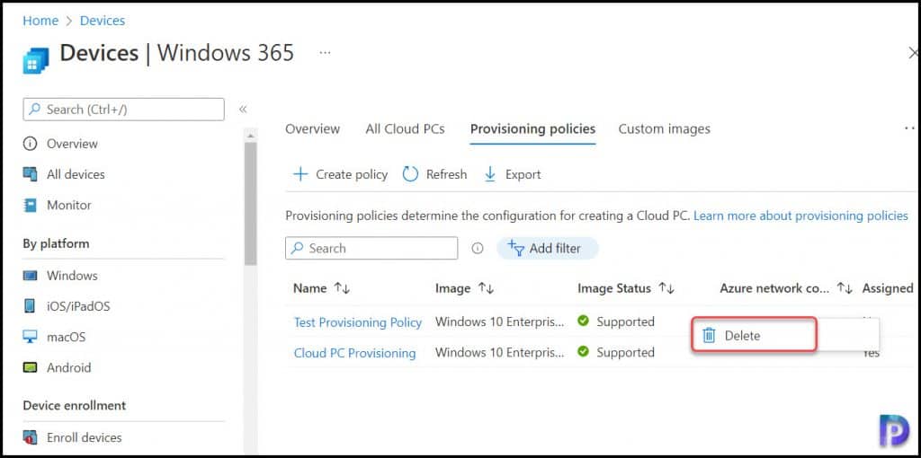 Delete provisioning policies from Cloud PCs in Windows 365