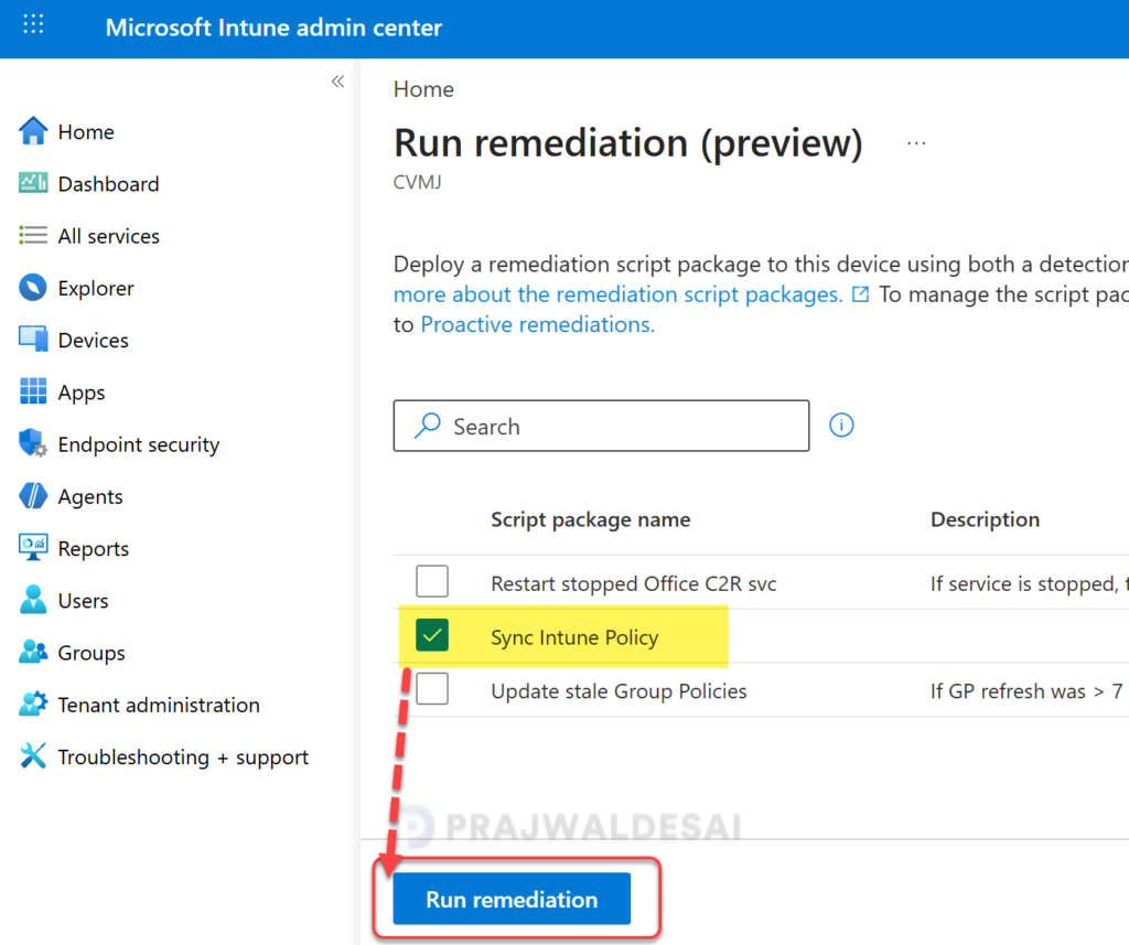 Intune Run Remediation to Sync Windows Device