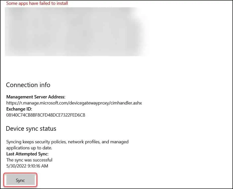Perform Intune Policy Sync using Settings App