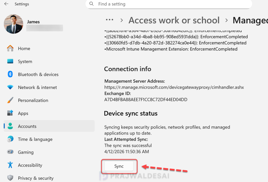 Perform Intune Policy Sync using Settings App