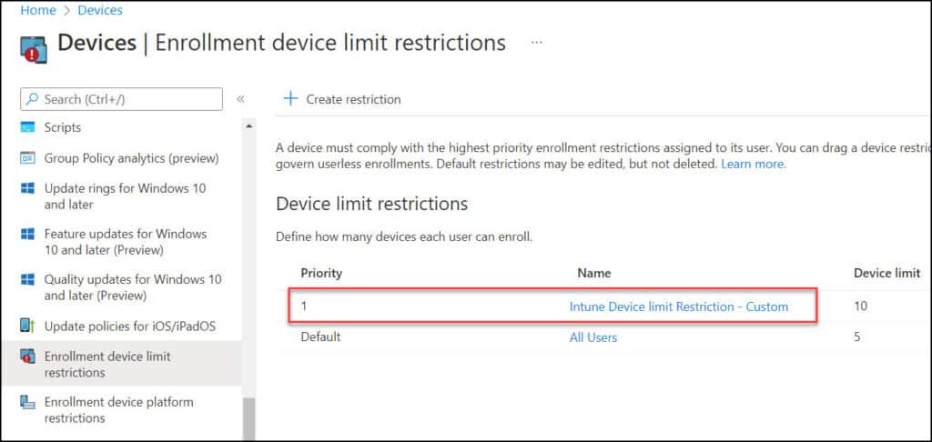 Intune Device Enrollment Restrictions