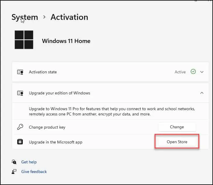 Upgrade Windows 11 Home to Pro using Microsoft Store