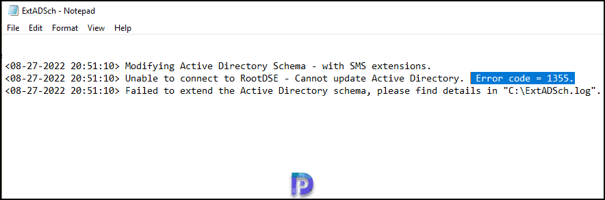 failed to extend the Active Directory Schema Error Code = 1355