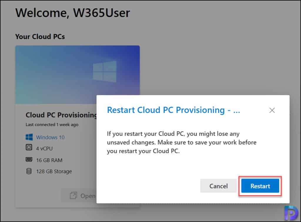 Restart a Cloud PC from Windows 365 Web Interface