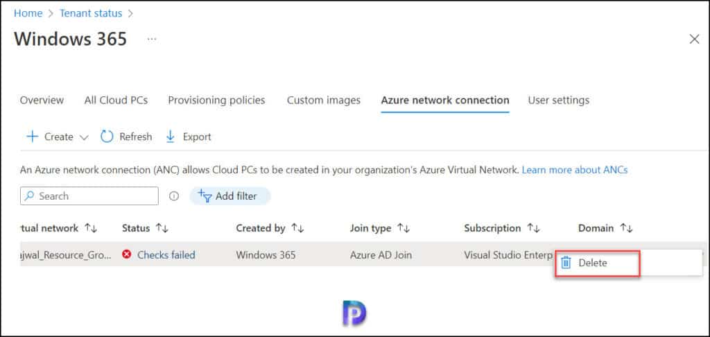 Delete the Azure network connection