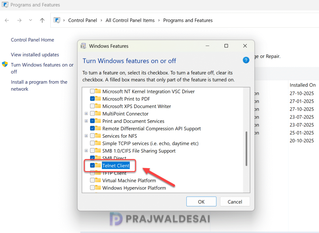 Enable or Disable Telnet via Control Panel