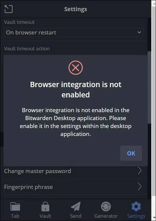 Bitwarden Browser Integration is not enabled