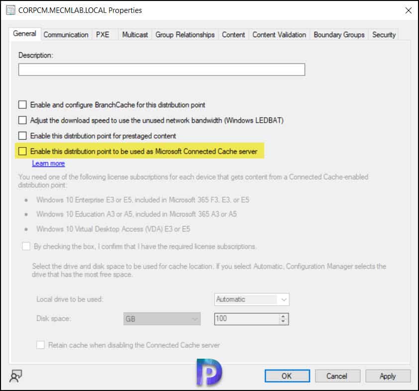 Uncheck Enable this distribution point to be used as Microsoft Connected Cache server