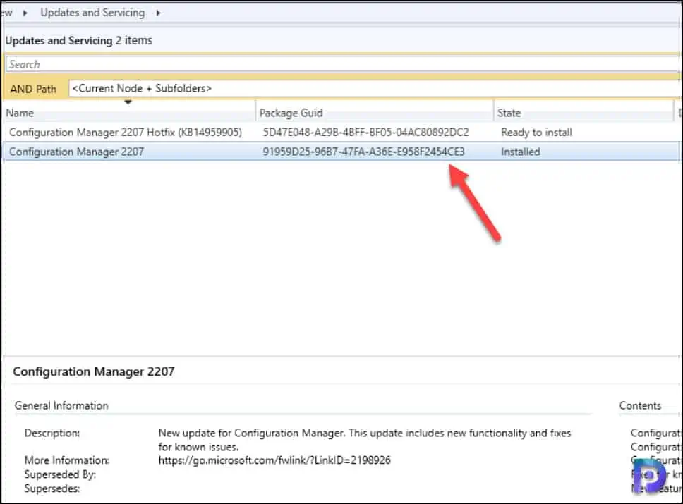 Package GUID of SCCM 2207 Hotfix KB14959905