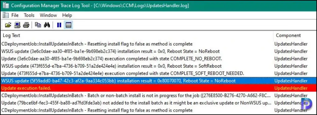UpdatesHandler.log reports the error code 0x80070070