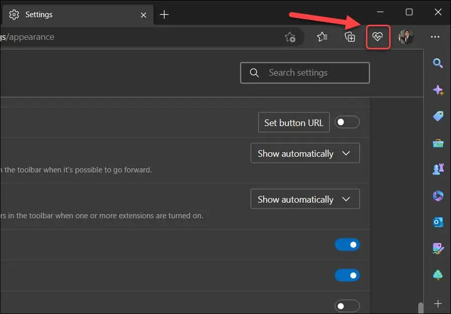 Show Performance button on Toolbar in Microsoft Edge