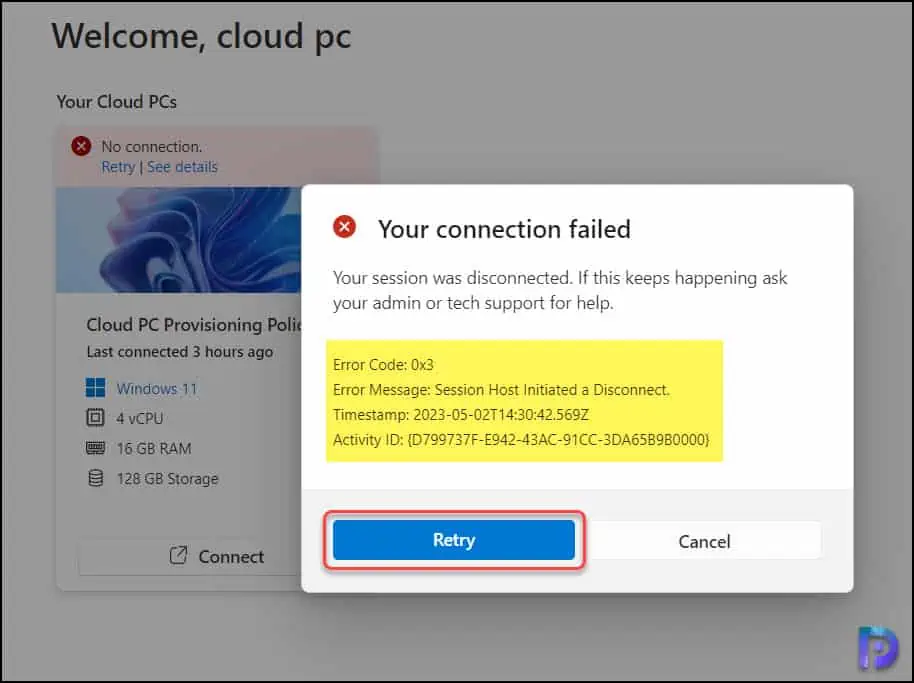 Windows 365 Cloud PC Disconnect Error Code 0x3