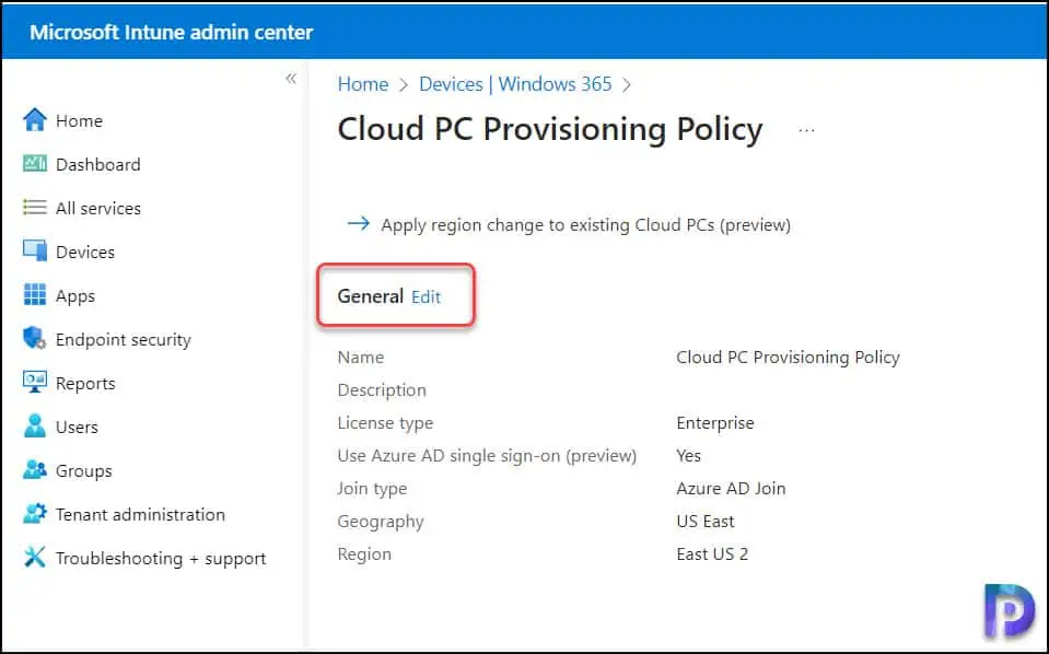 Edit the Cloud PC Provisioning Policy