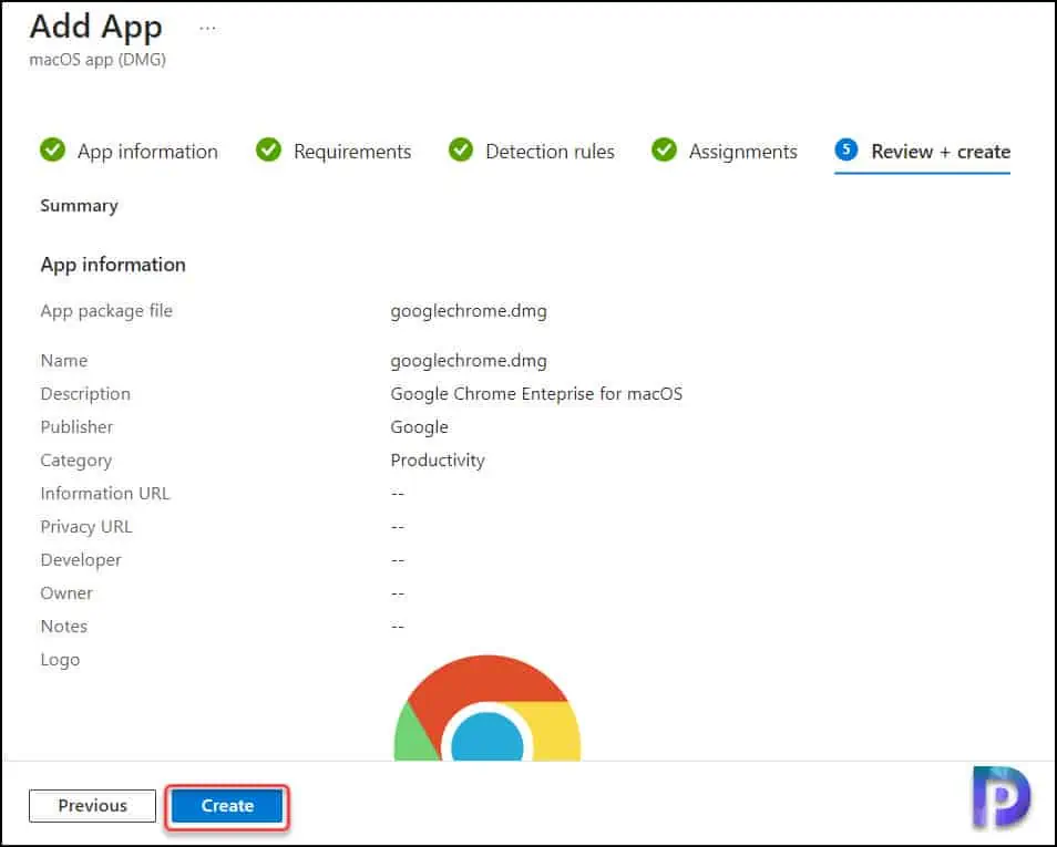 Review and Create - Install Google Chrome on macOS using Intune
