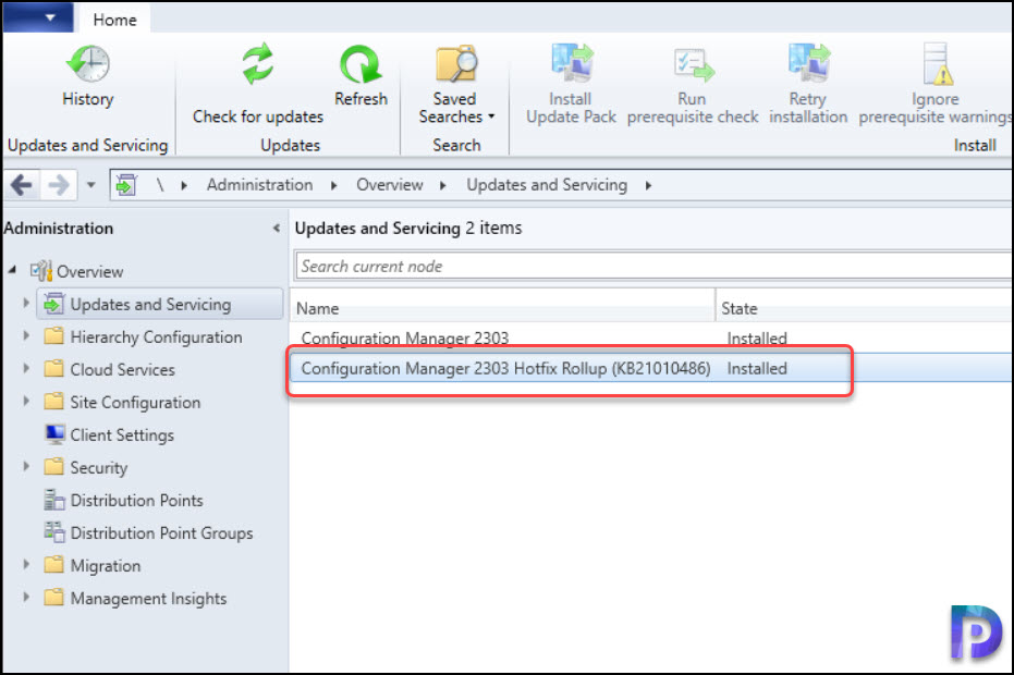 Configuration Manager 2303 KB21010486 Hotfix Rollup Installed