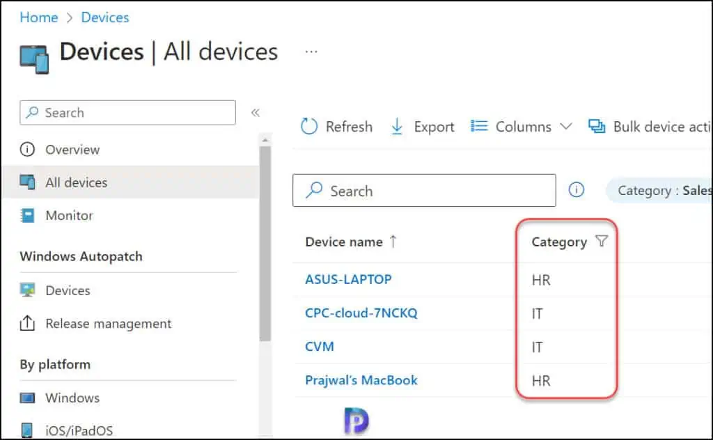 View Categories of all devices in Intune
