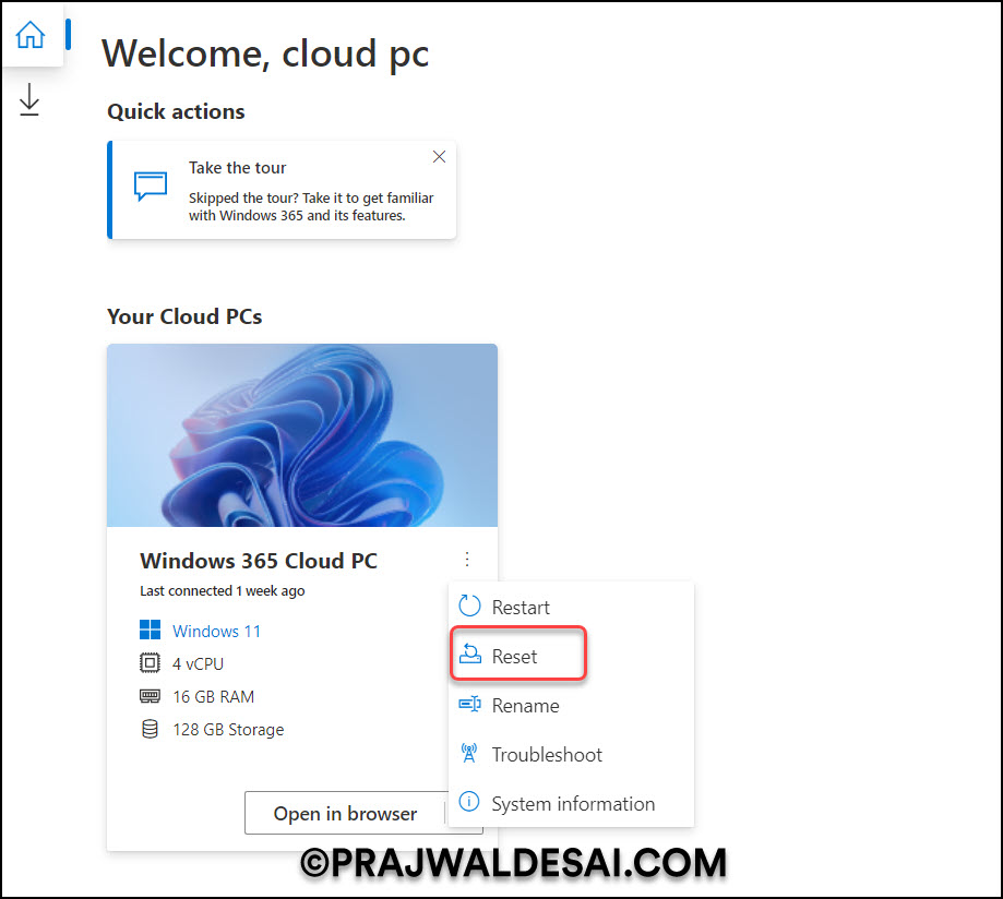 End User Experience: Windows 365 Cloud PC Reset