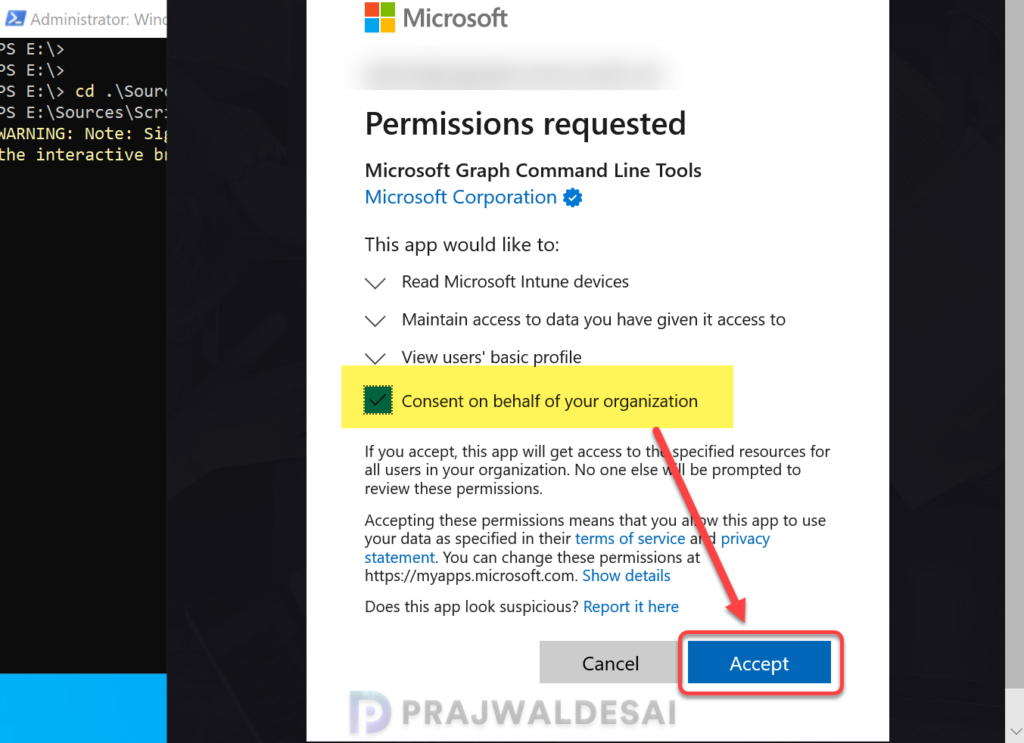 Accept the consent requested by MS Graph Command Line tools