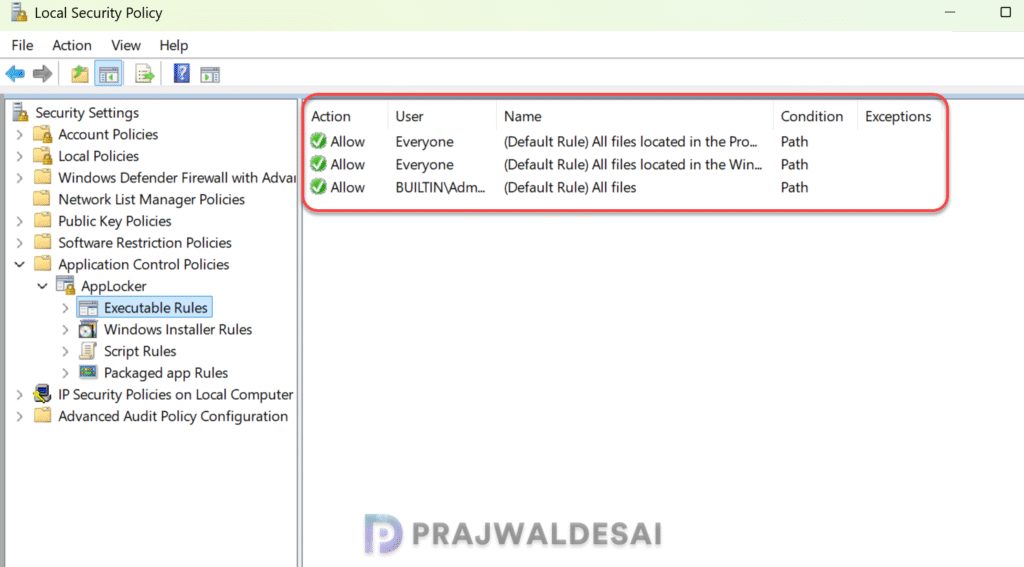 AppLocker default executable rules created