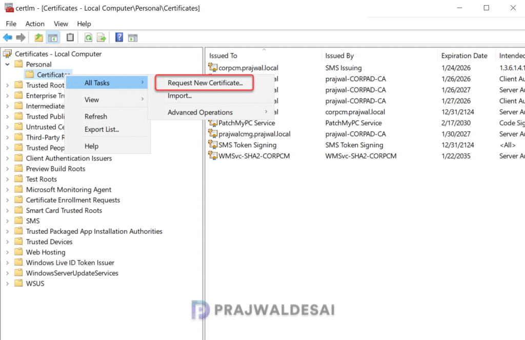Request the SSL Certificate on SUP/WSUS Server