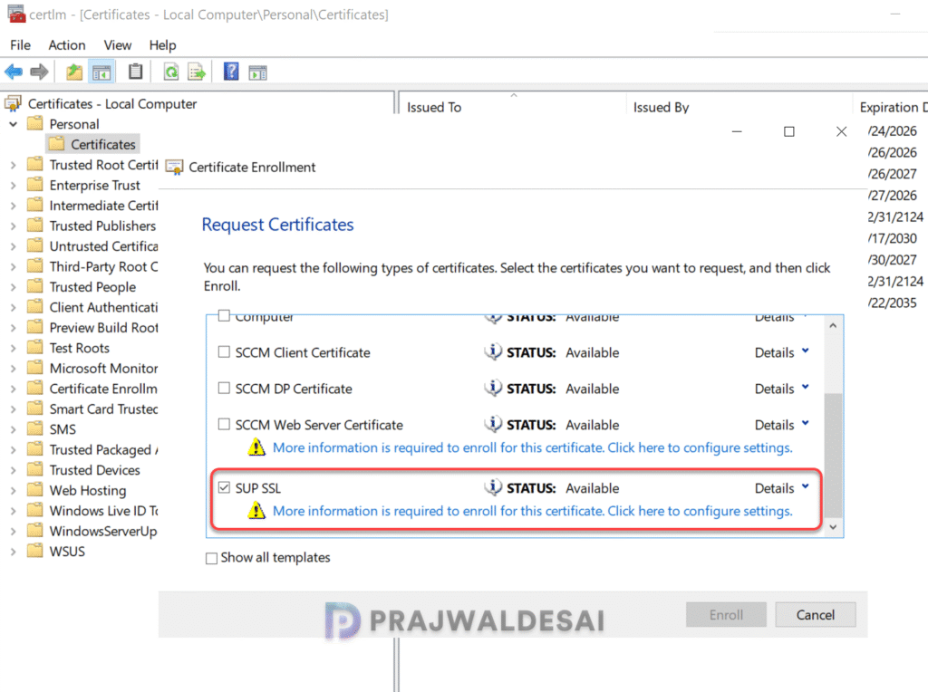 Select WSUS Web Server Certificate