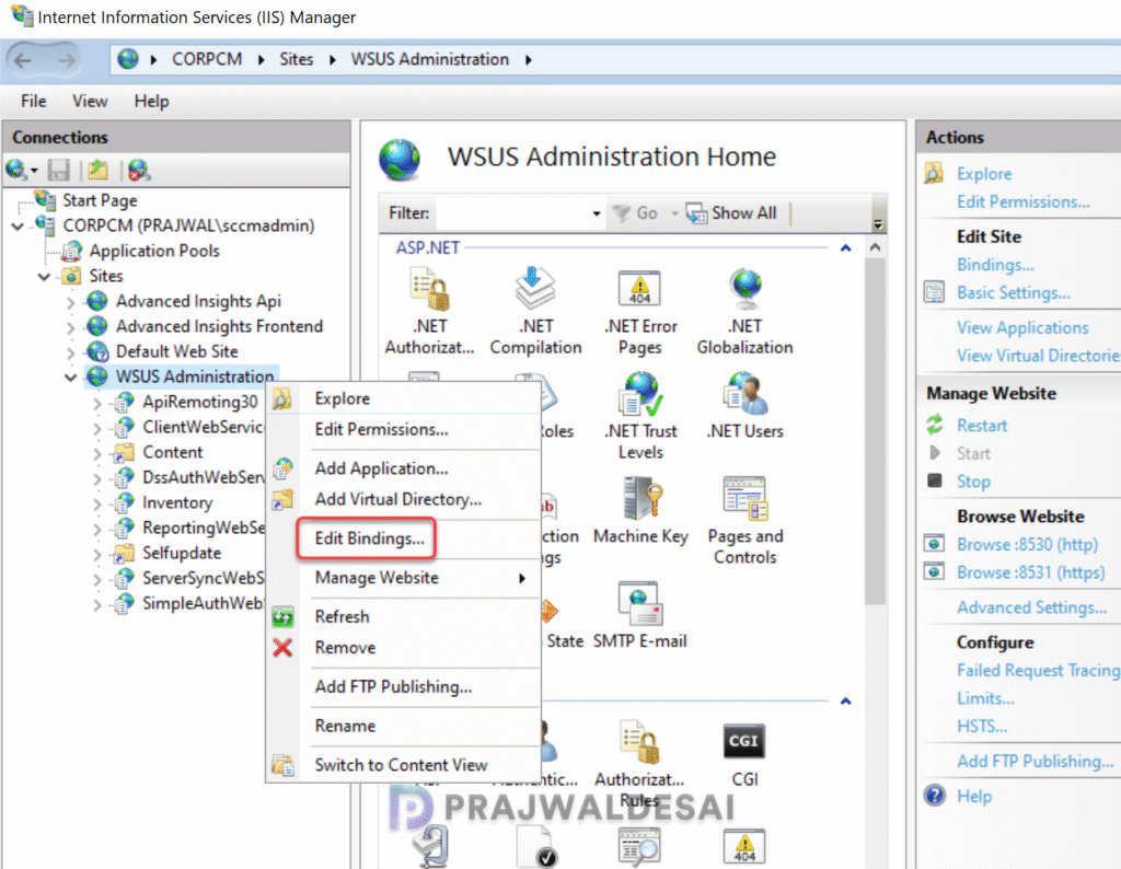 Bind the SSL certificate to the WSUS Administration site