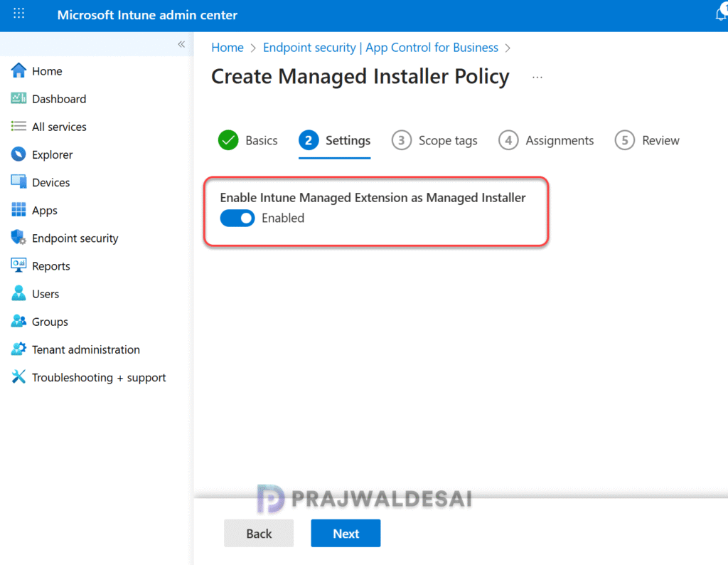 Enable Intune Managed Extension as Managed Installer