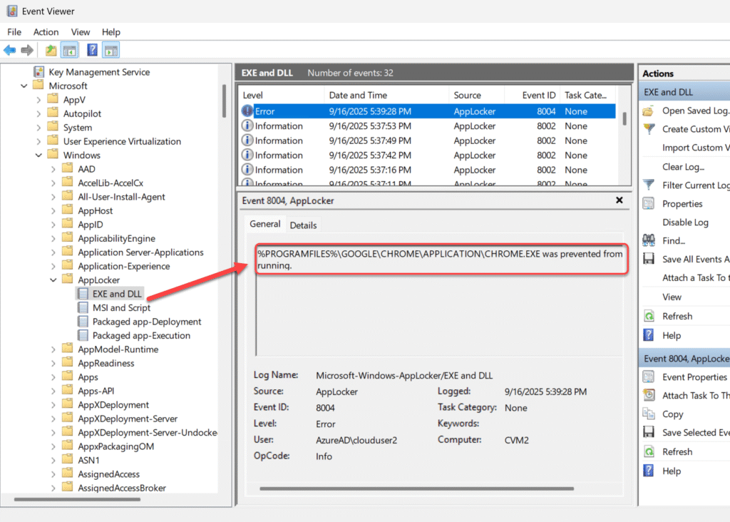 Review Event ID 8004 for AppLocker