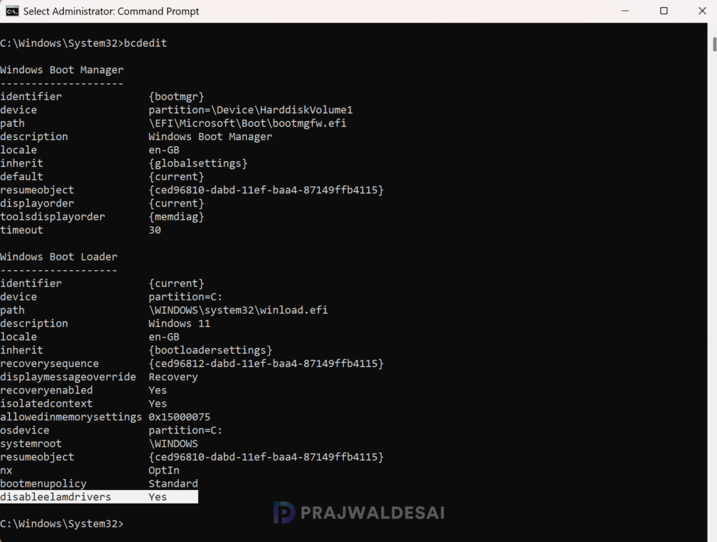 Verify if ELAM drivers are disabled using bcdedit