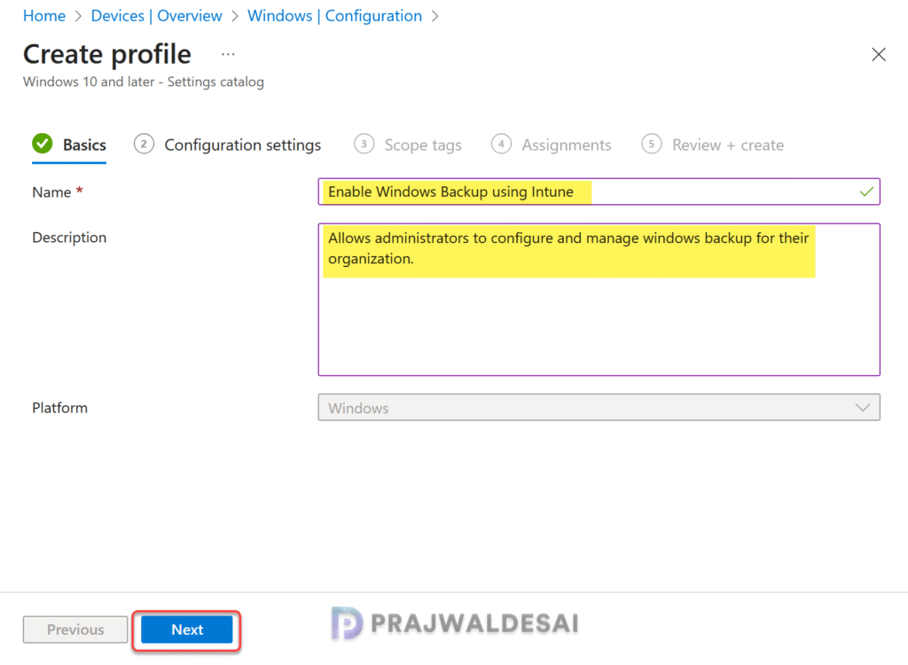 Enable Windows Backup using Intune