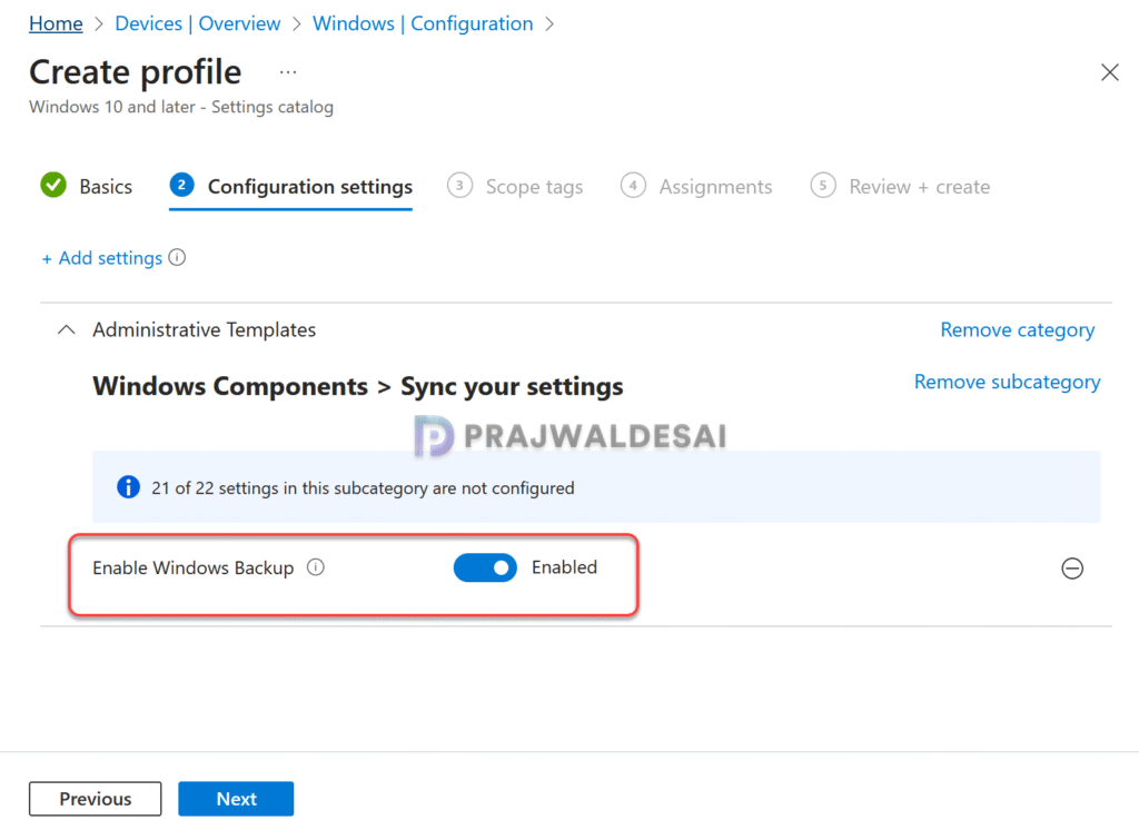 Enable Windows Backup using Intune
