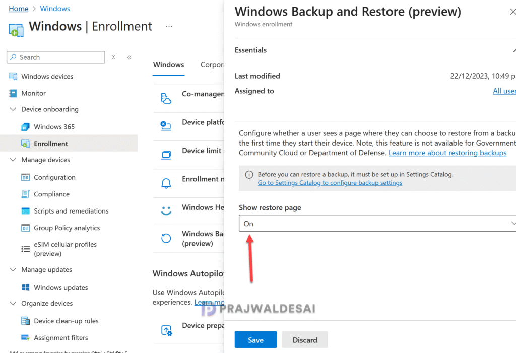 Enable Windows Restore in Intune