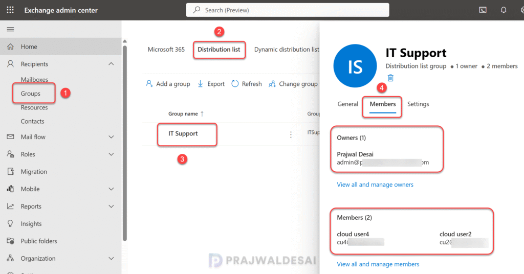 Find Owners of a Distribution List using Exchange Admin Center