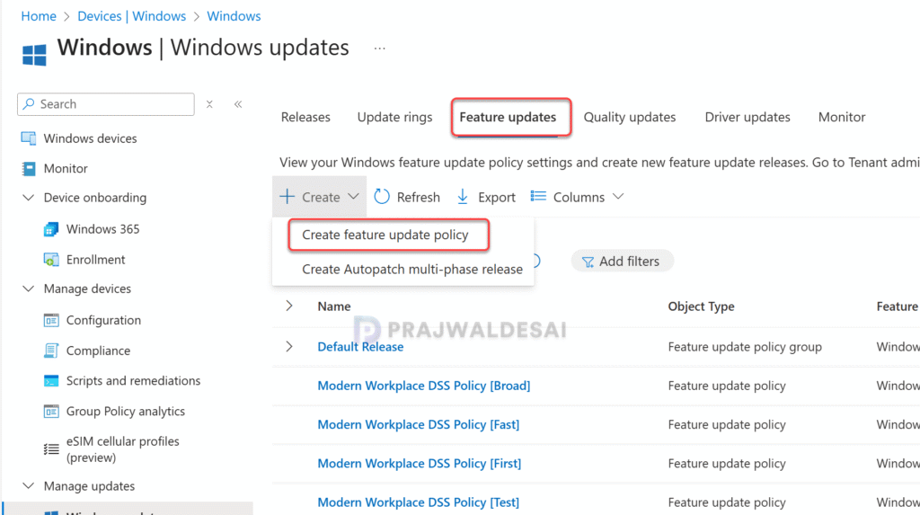 Create Windows 11 25H2 feature update policy in Intune