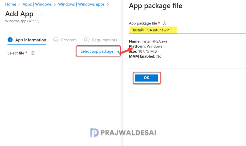 Upload InstallHPSA.IntuneWin File to Intune