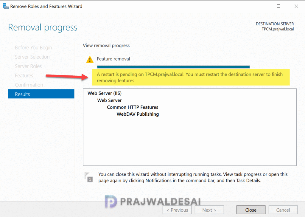 Reboot SCCM server after removing WebDAV module