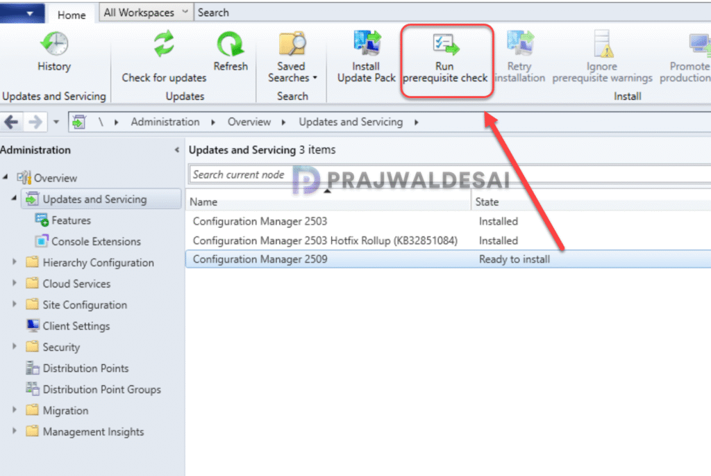Run Prerequisite Check for Configuration Manager 2509