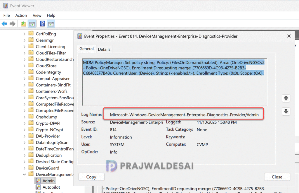 Verify if Files on Demand is enabled via Event Viewer